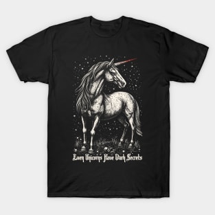 Even Unicorns Have Dark Secrets - Vintage Linocut Style Illustration Print T-Shirt